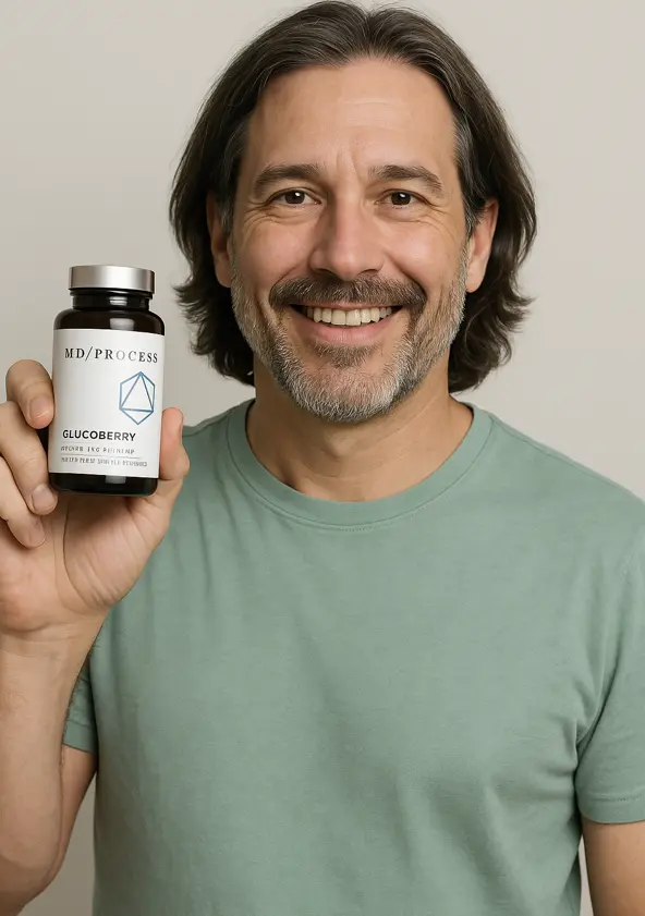 Happy Customer Holding GlucoBerry Natural Blood Sugar Support Supplement